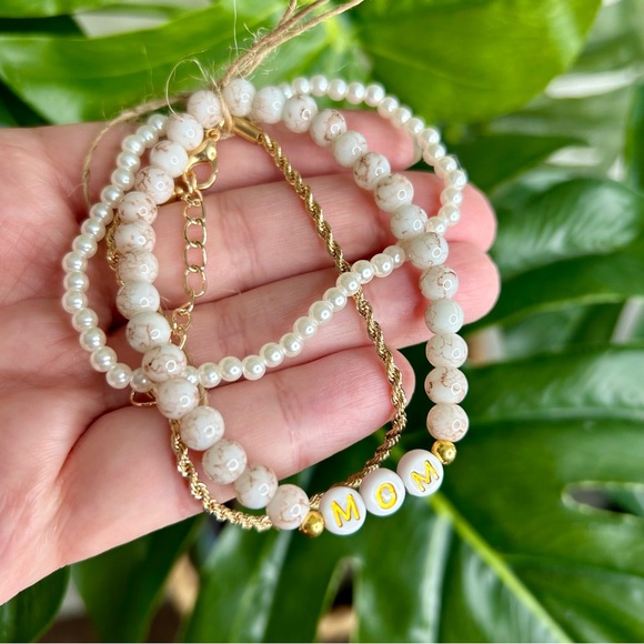 Beige & Good Mom Word Beaded Bracelet 3 Piece Bundle | Stack | Gift - Picture 2 of 5